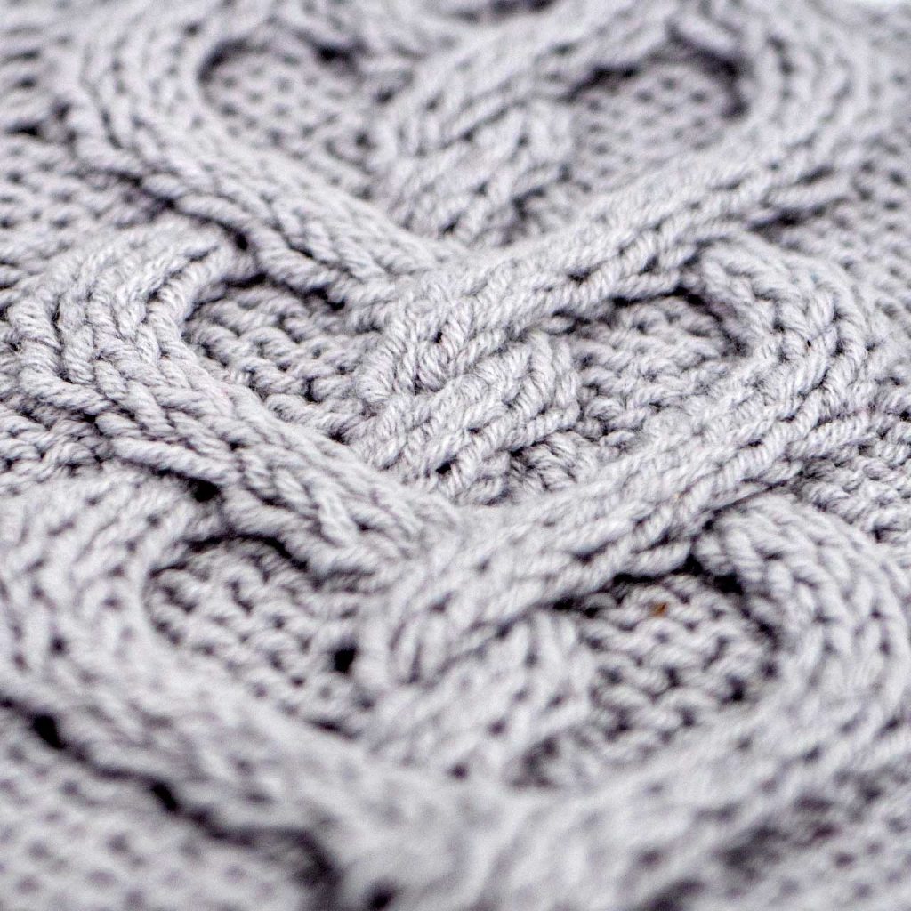 Close Up of Braided Heart Cable Stitch Knitting Pattern